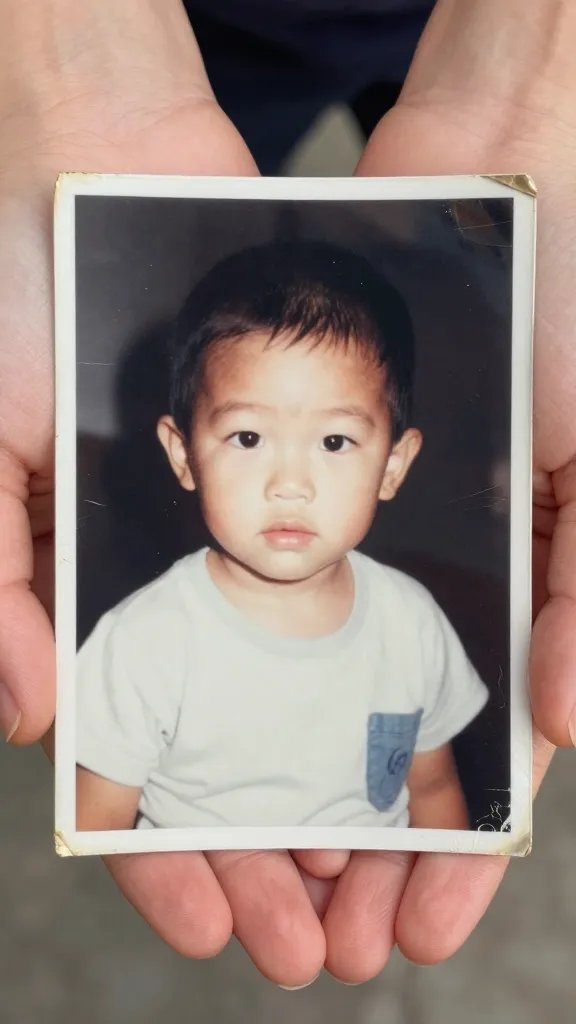 Closeup of a worn photograph of a child in an adult hands