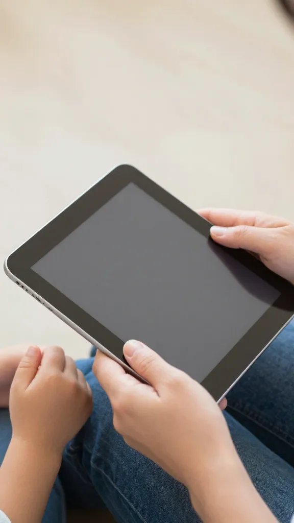 Closeup of a calm parent-child handover over a tablet with no visible screen content