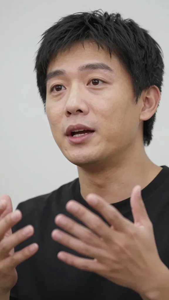 Closeup of a single person speaking earnestly, hands paused mid-gesture