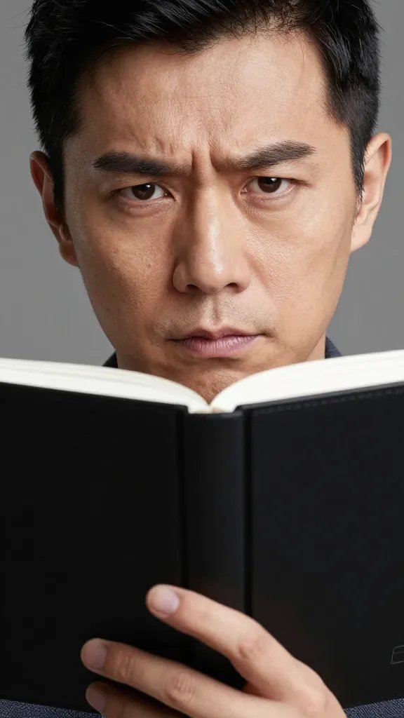 Closeup of a single person with a thoughtful, stern expression, holding a notebook