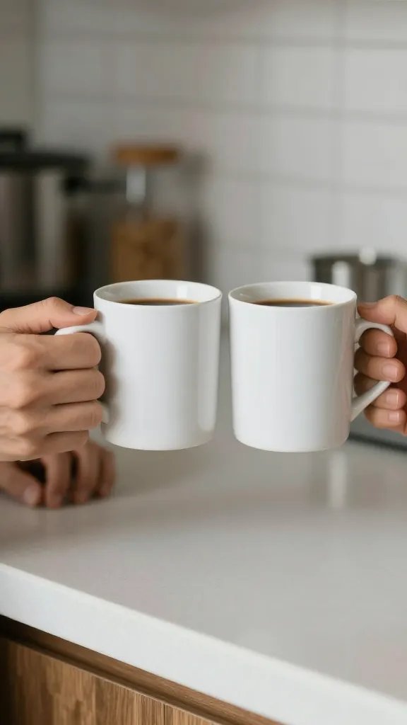 closeup of a couple’s hands clinking coffee mugs on a kitchen counter