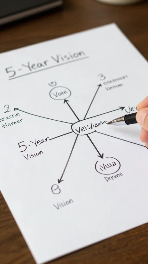 Closeup of a couple’s handwritten five-year vision map on desk