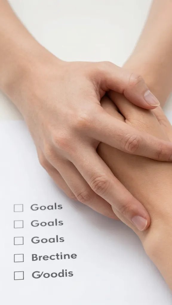 Closeup of two intertwined hands over shared goals list