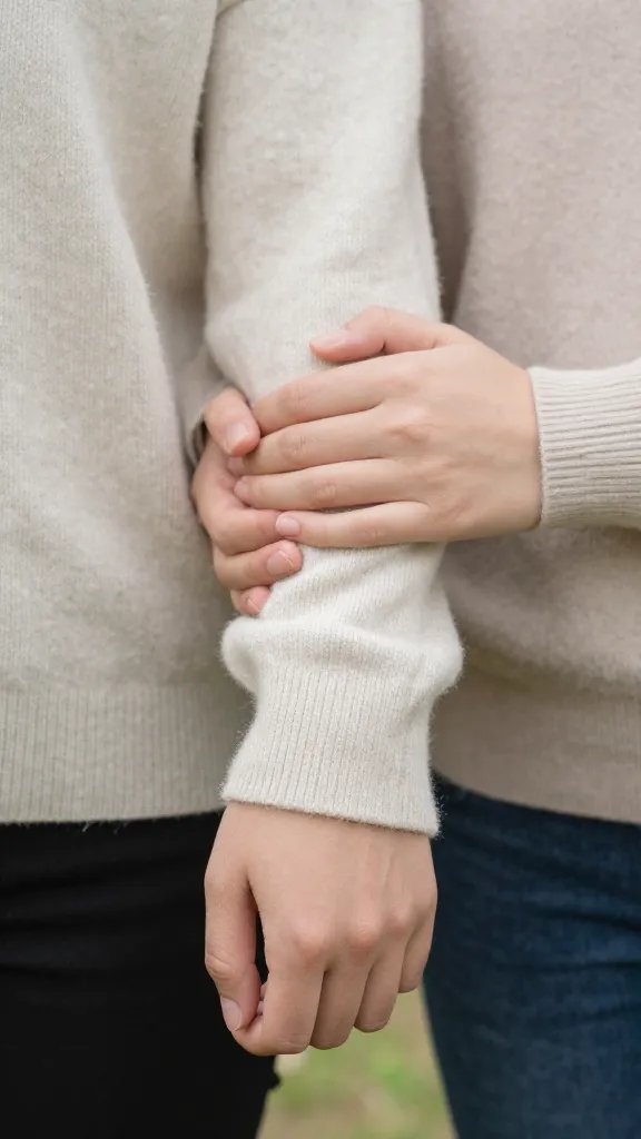 closeup of a couple’s hands gently holding a partner’s soft sweater sleeve