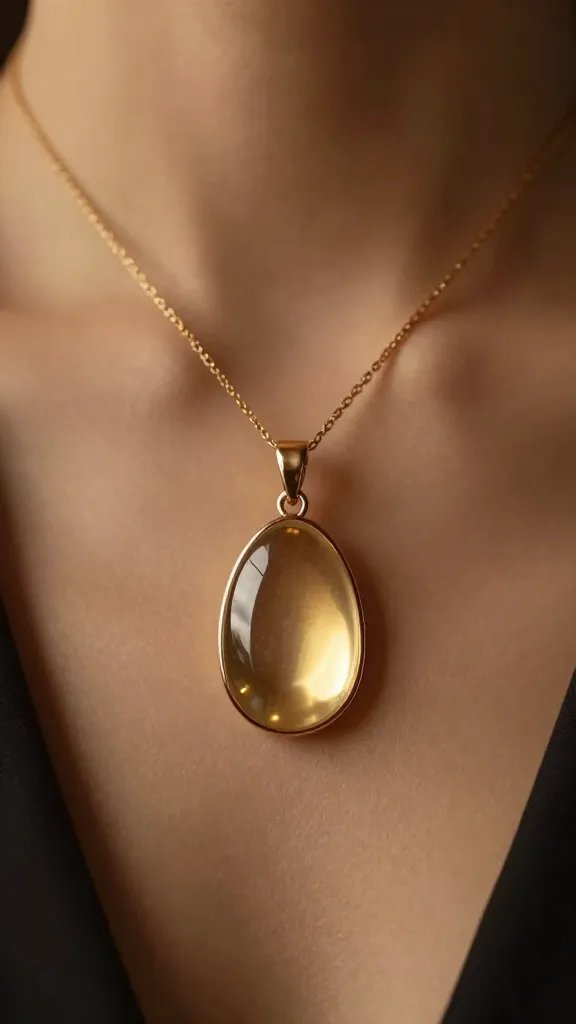 closeup of a partner’s pendant necklace reflecting warm ambient light