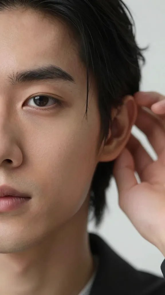 Close-up of a listening partner’s attentive eyes, soft studio lighting