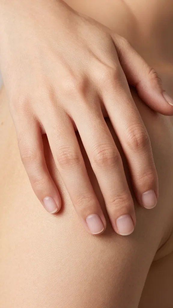 Close-up of a single hand resting on a shoulder, calm skin tones