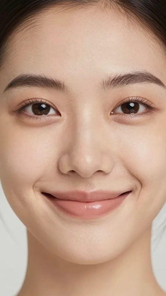 Close-up of a thoughtful face with a gentle smile, neutral background