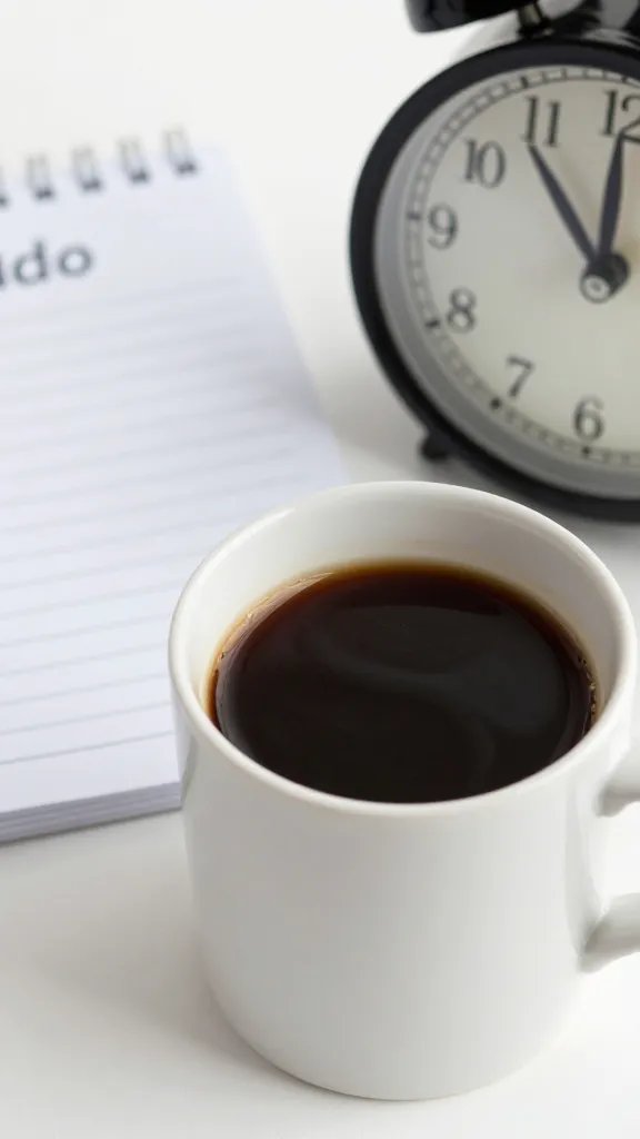 Closeup of a single coffee cup beside a to-do list and clock