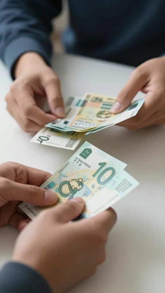 Closeup of a couple counting budget notes on a desk