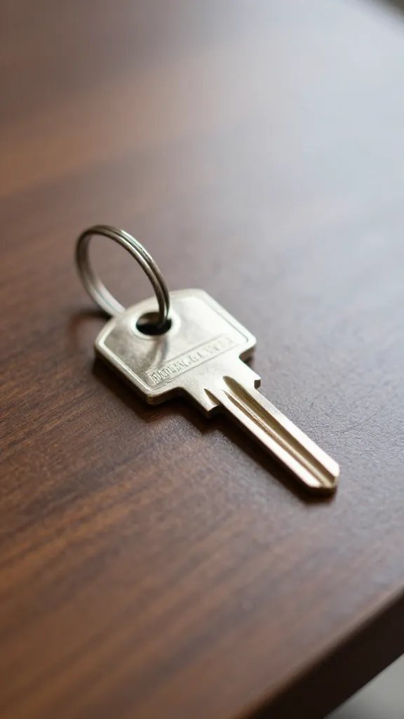 Closeup of a single empty house key resting on a coffee table