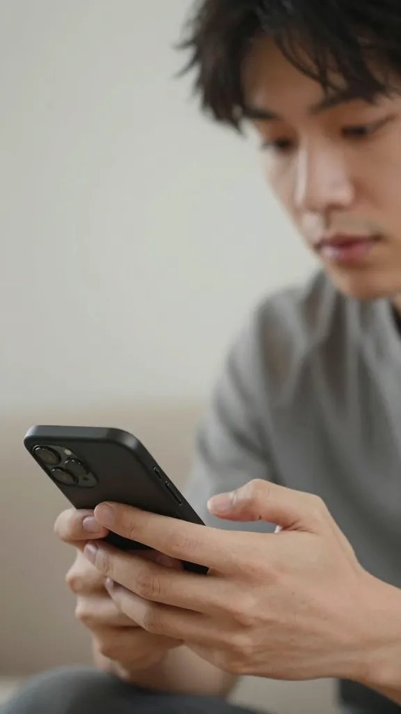 closeup of a calm, waiting partner checking phone
