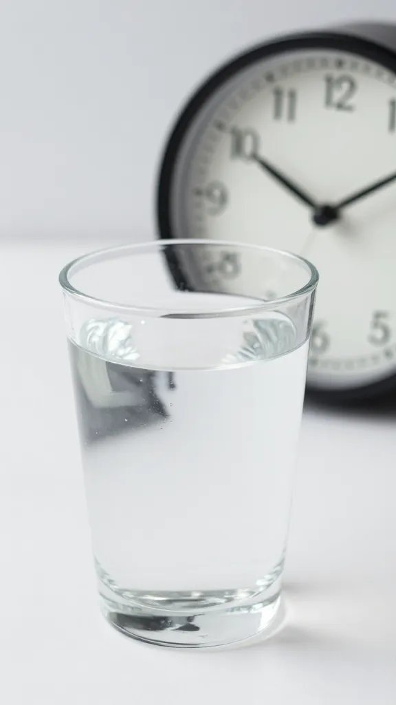 closeup of a glass of water and quiet clock on table