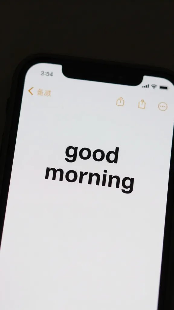 Closeup of a smartphone screen showing a single “good morning” text under soft morning light