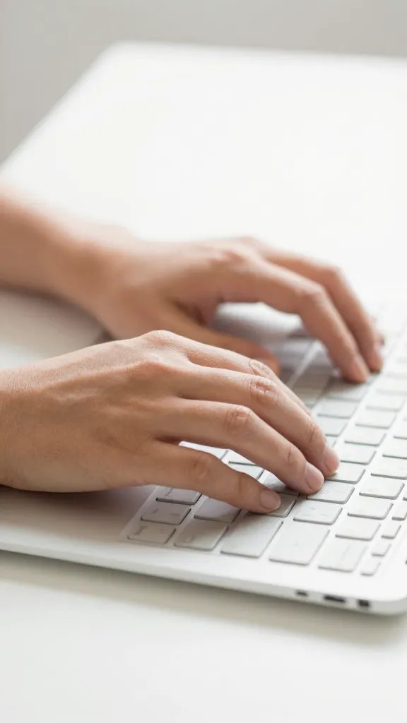 Closeup of a pair of hands typing a short midday ping on a clean desk