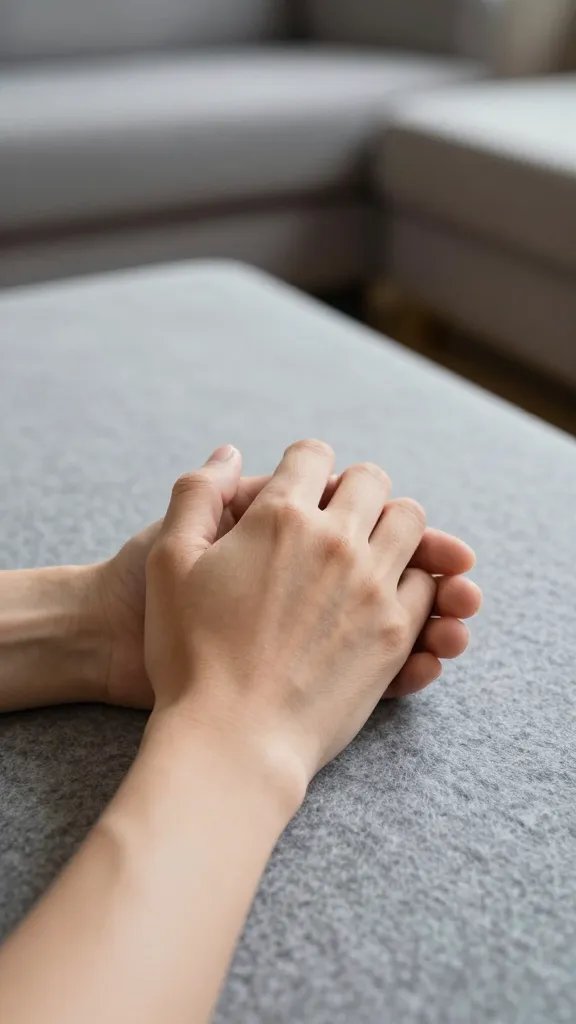 Closeup of a partner's hands resting on a felt-telt? (Wait) Focus: hands gently holding a partner's hand in a quiet living room.