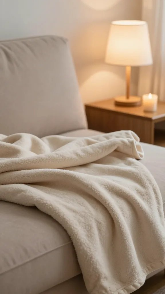 closeup of a blanket and lamp beside a candlelit sofa