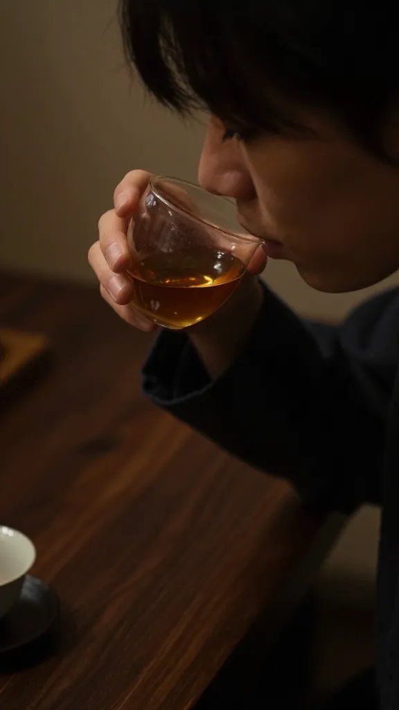 closeup of a person sipping tea in a quiet, dimly lit nook