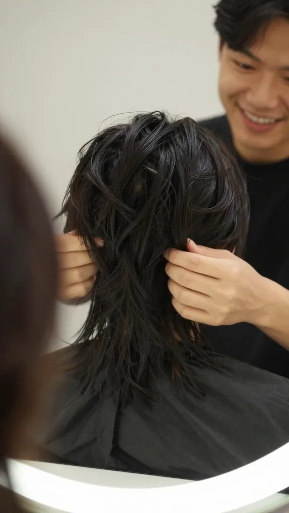 closeup of a smiling person adjusting a bold new hairstyle in client’s softly lit bathroom mirror