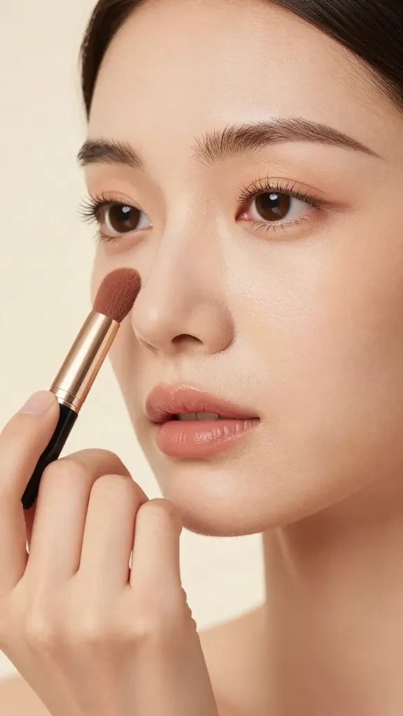 closeup of person applying makeup with focused expression, warm studio lighting