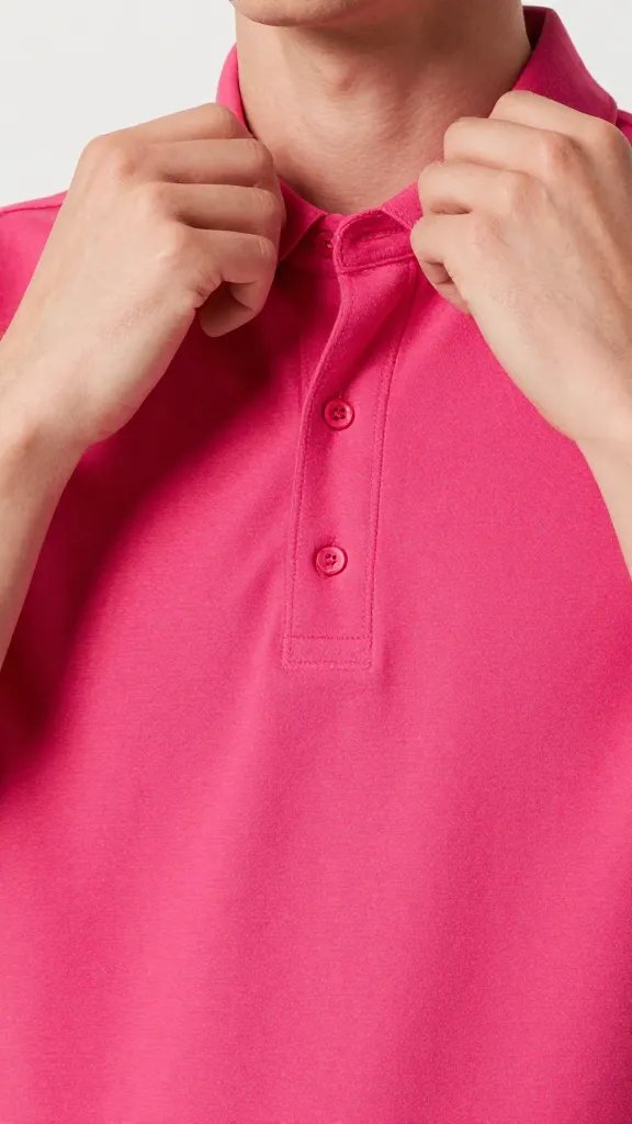 closeup of person trying on a vivid new outfit, hands adjusting collar, plain backdrop