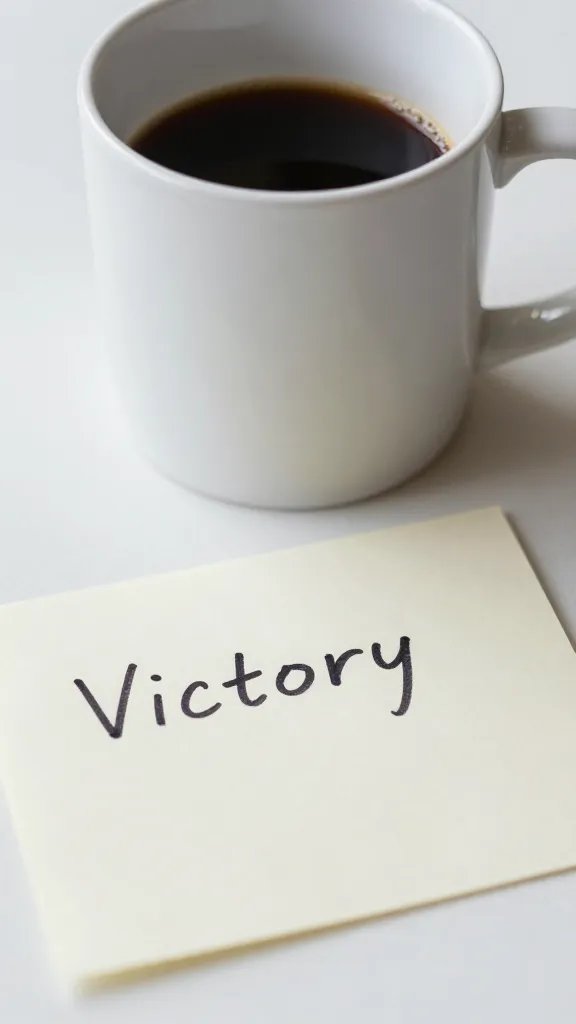 closeup of a calm coffee mug beside a handwritten victory note
