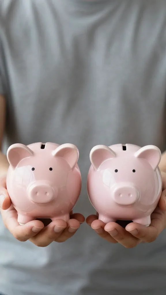 Focused shot of two hands holding separate piggy banks beside each other