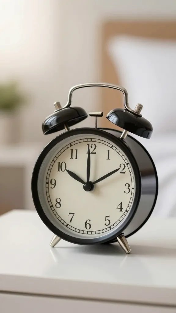 Closeup of a single alarm clock with soft dawn light on bedside table