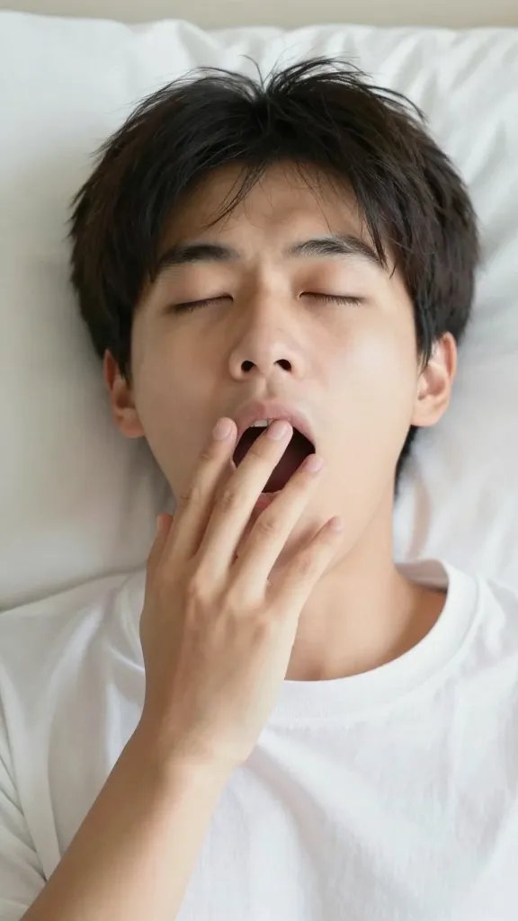 Closeup of a solitary person yawning against a plain pillow backdrop