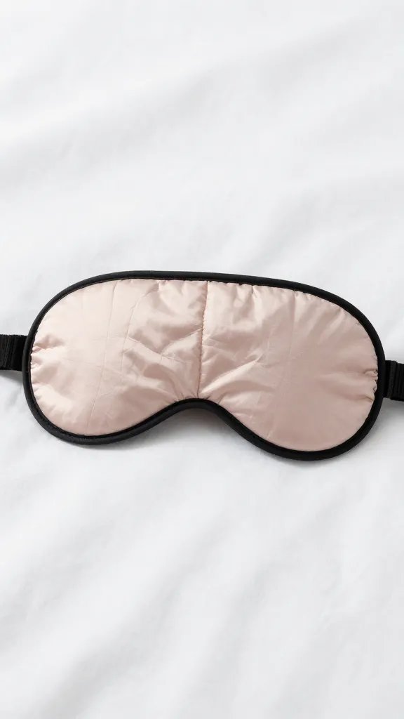 Closeup of a single sleep mask resting on crisp white sheets