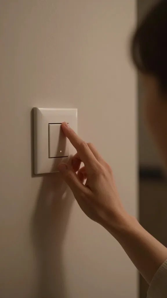 Close-up of a woman’s hands reaching for a dimmed light switch in a softly lit living room