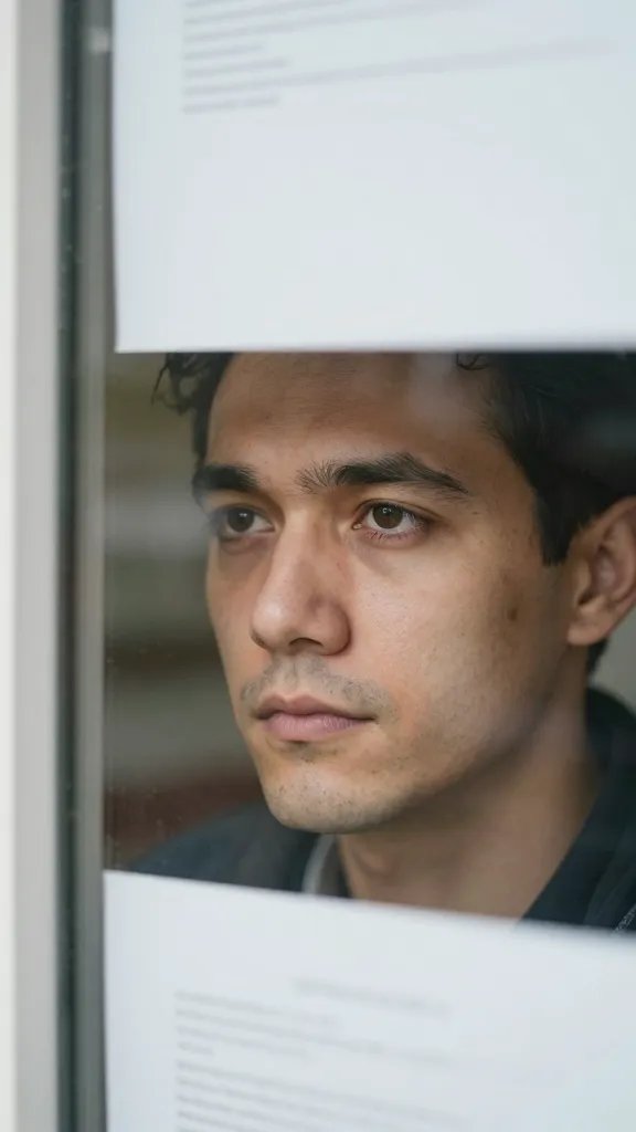 Close-up of a man’s contemplative face behind a glass door, blurred decision papers in background