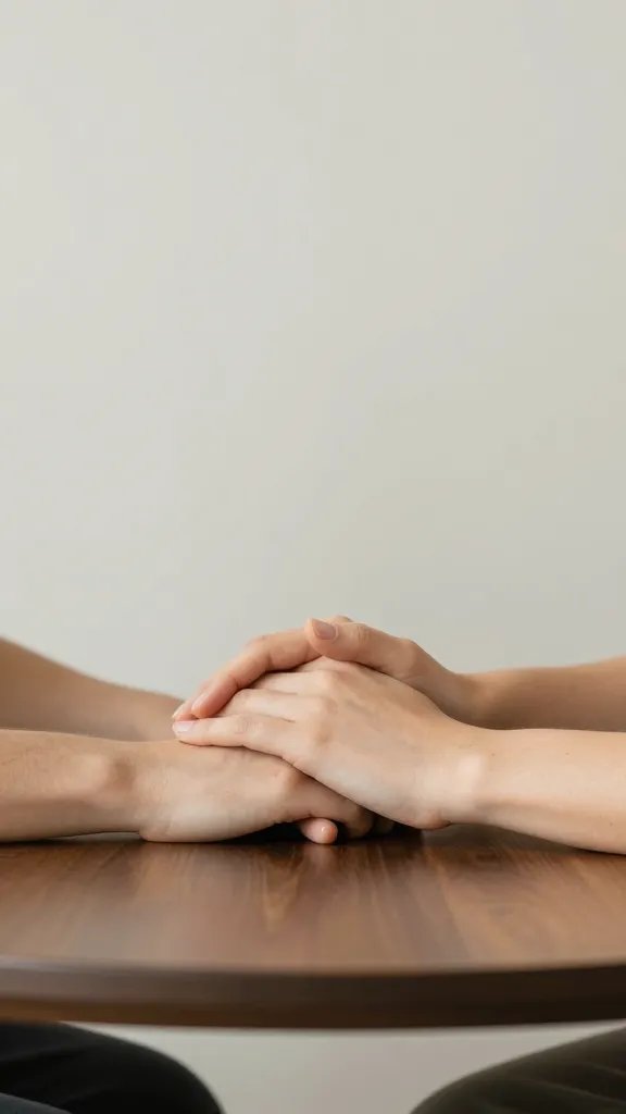 Close-up of a couple’s intertwined hands resting on a coffee table, single neutral background