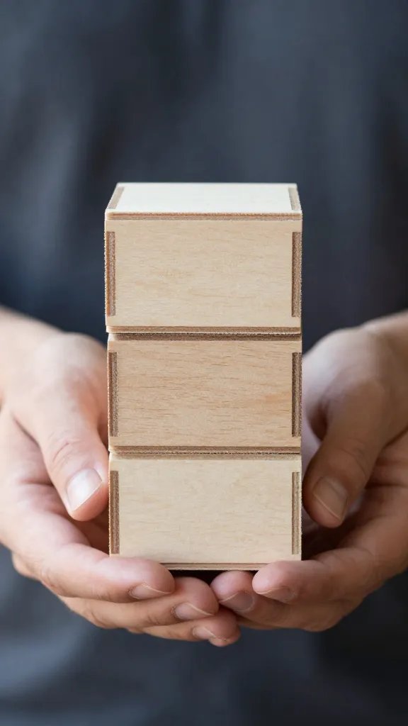 closeup of a single person’s hands stacking a small, simple wooden box