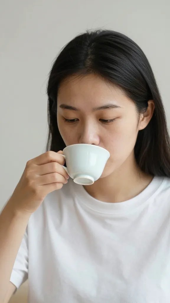 focused portrait of an individual sipping tea, calm and uncluttered background