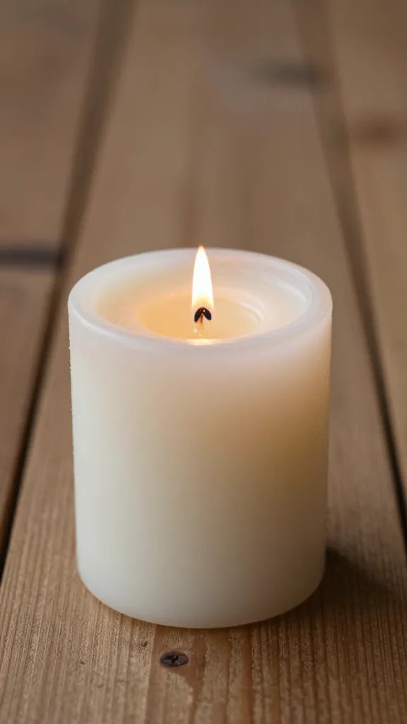 Closeup of a single pine-scented candle on a rustic wooden table