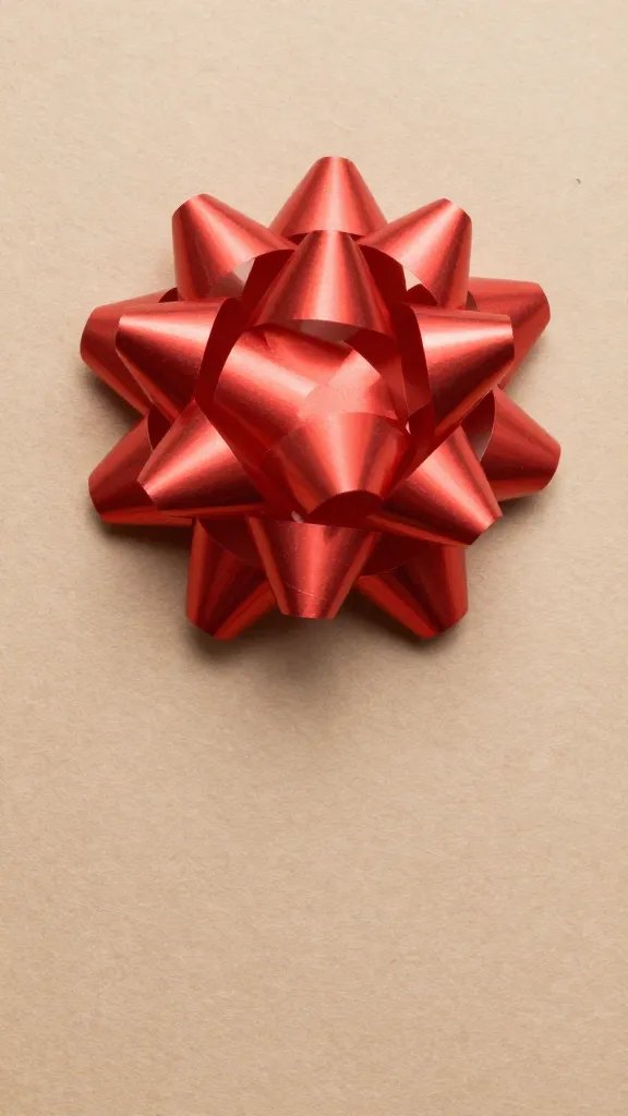 Closeup of a single festive gift bow on wrapping paper texture
