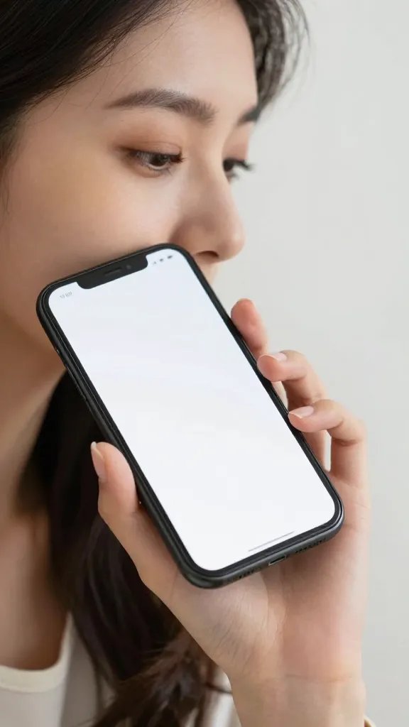 closeup of a woman whispering a note to a phone screen