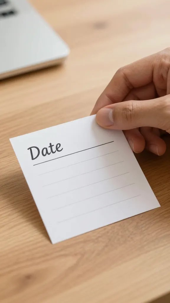 closeup of a hand placing a date reminder card on a desk