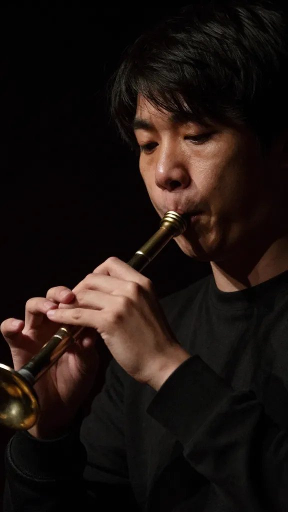 Closeup of a single person playing an instrument in dim lighting