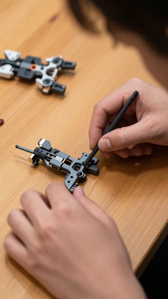 Closeup of a single person assembling model kit on a wooden table
