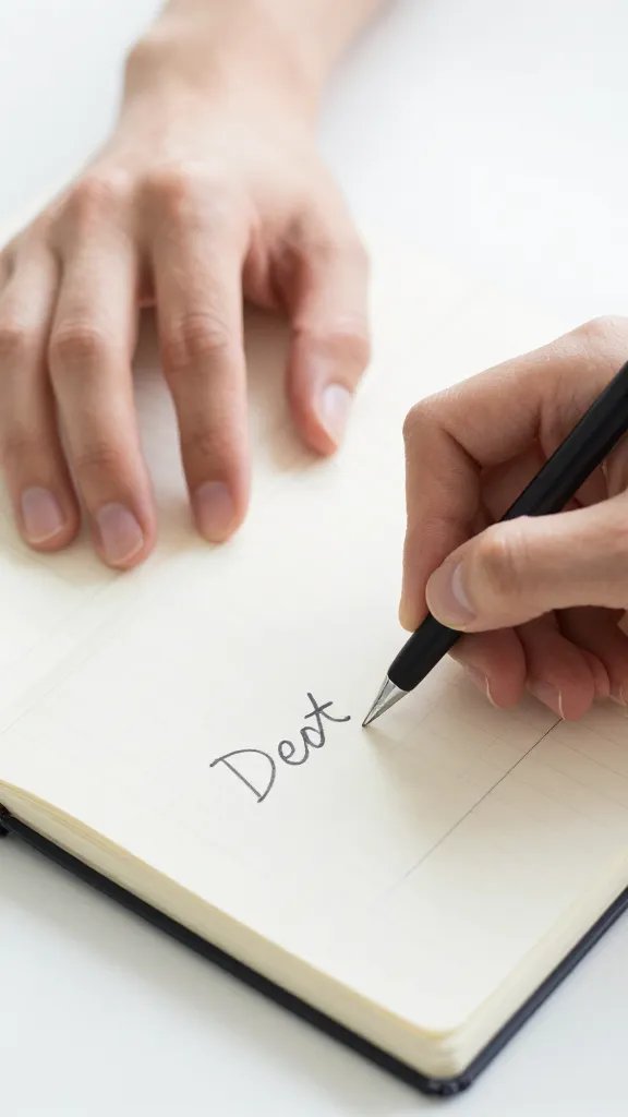 Closeup of a couple’s hands over a notebook with debt plan