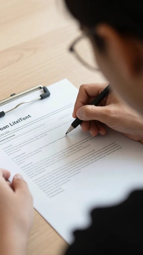Closeup of individual contemplating a loan statement at desk