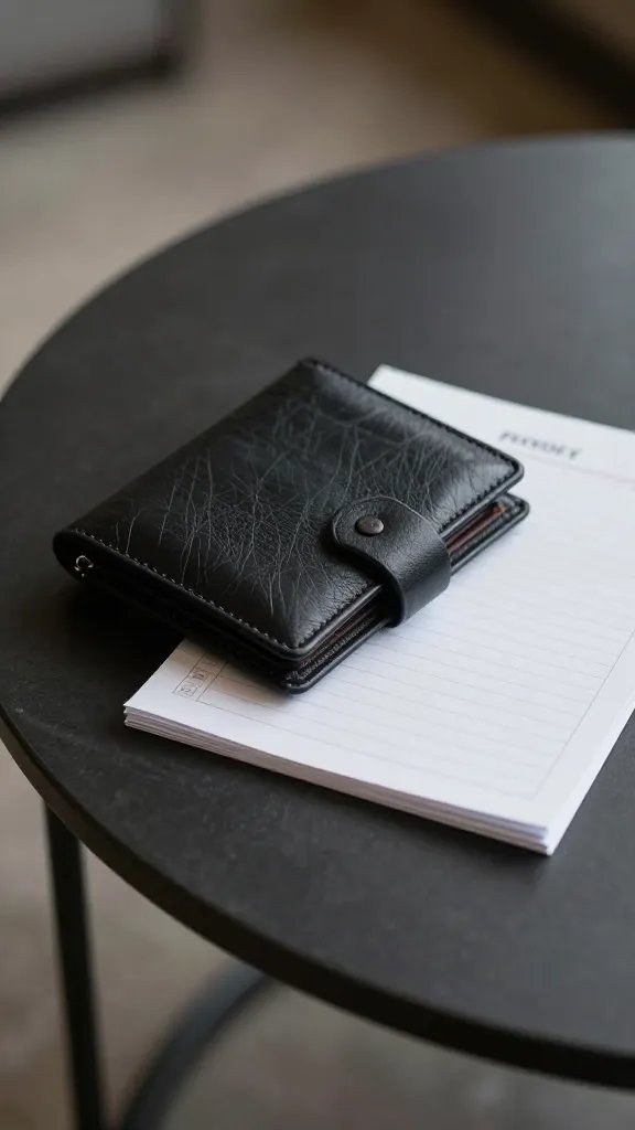 Focused shot of a single wallet and planning paper on coffee table
