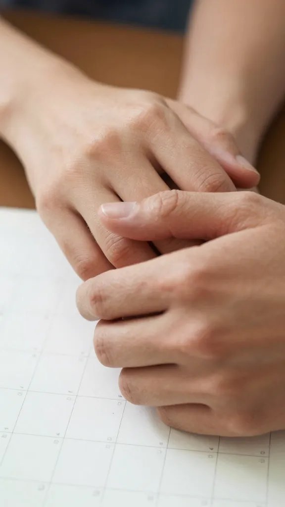 Closeup of a thoughtful couple’s hands over a faded calendar, single focus on intertwined fingers