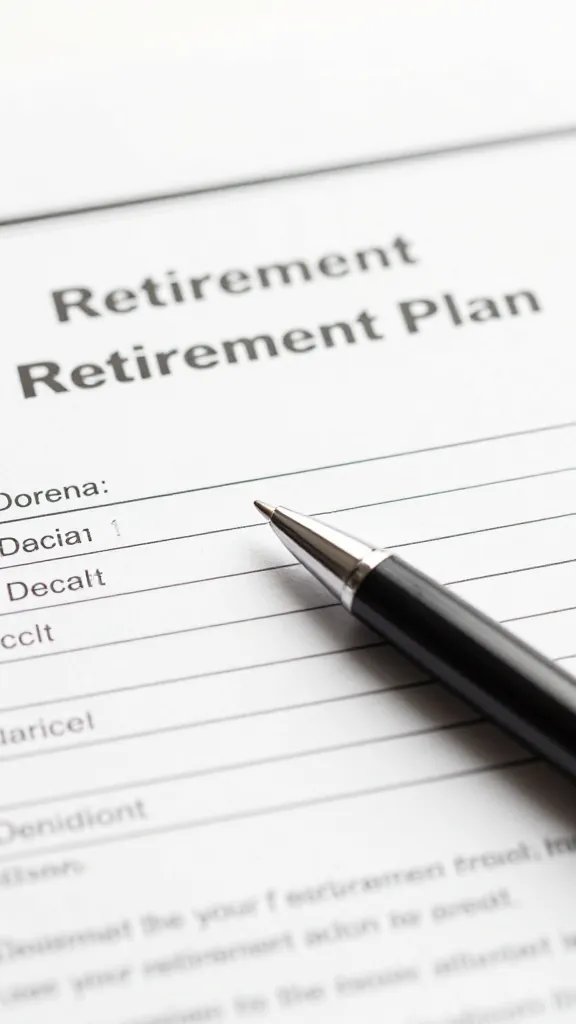 Closeup of a single retirement plan document with a pen, shallow depth of field