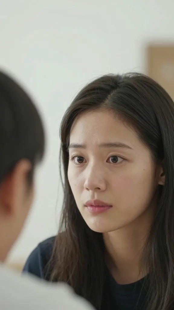 Ultra-close portrait of one partner’s calm, contemplative face during a quiet conversation