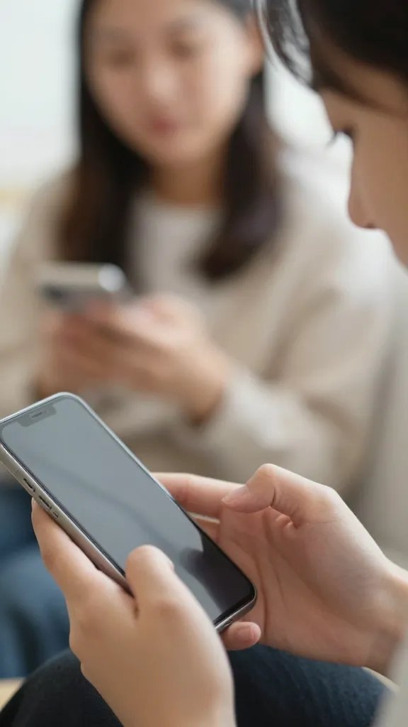 closeup of a person glancing at phone against blurred conversation hands