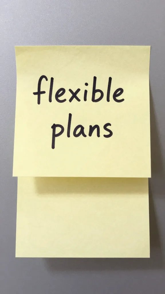 Closeup of a sticky note on fridge saying “flexible plans”