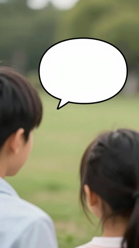 Closeup of a family discussing outdoors with a single dialogue bubble